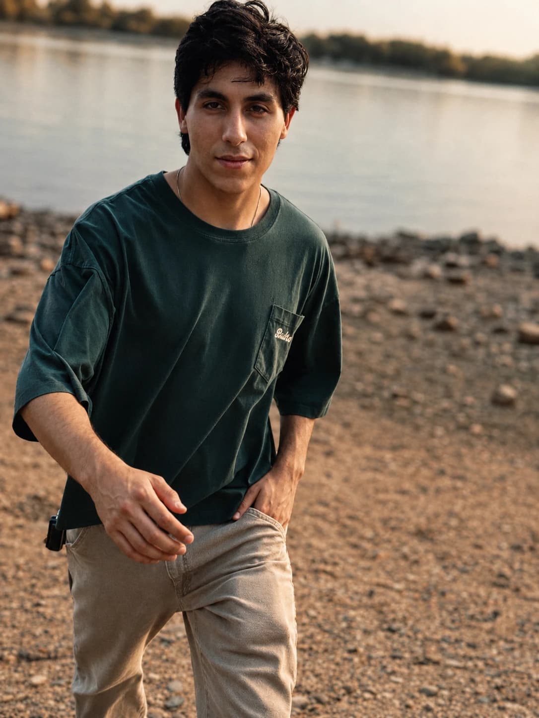 Lifestyle portrait walking beside the water in a dark green shirt